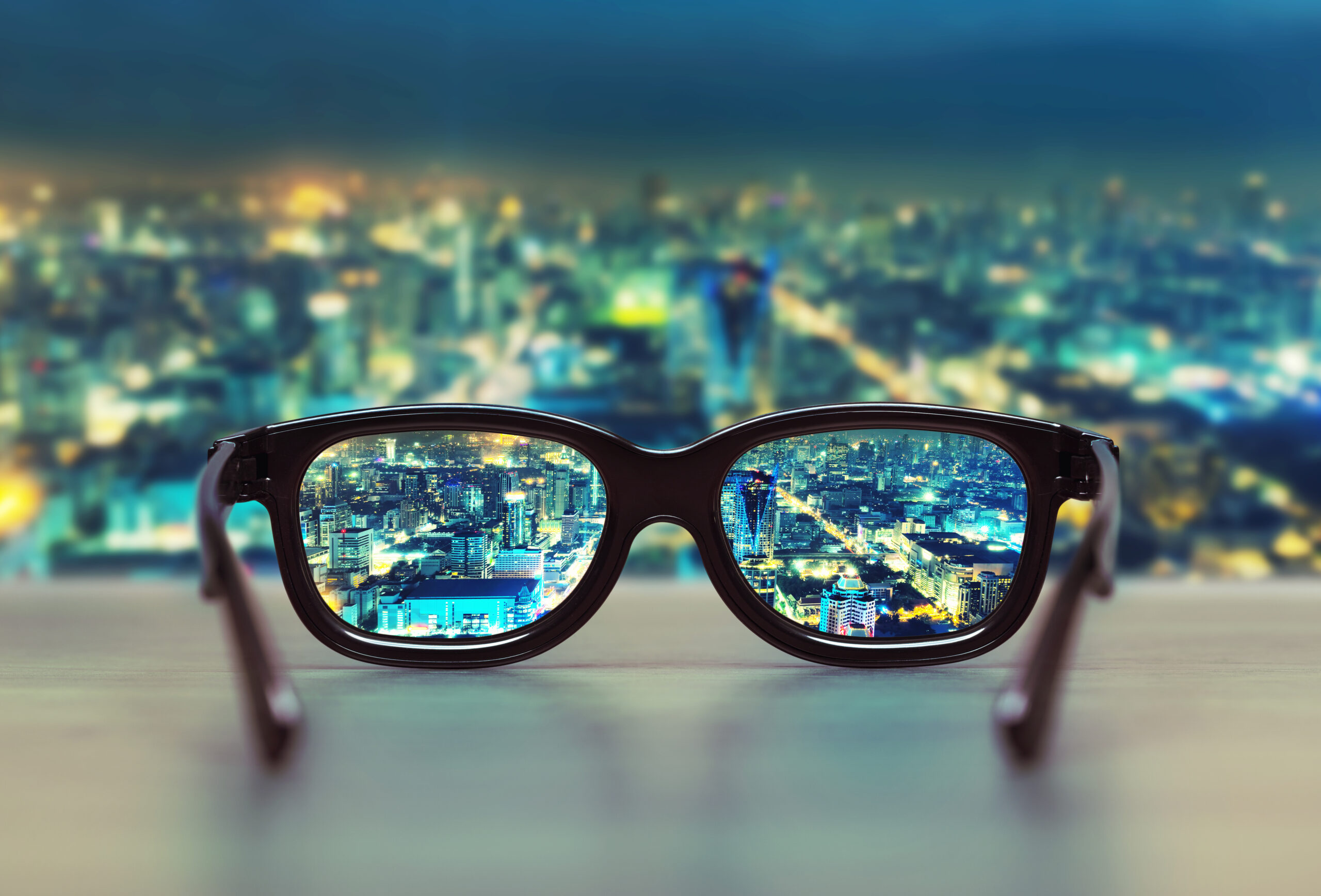 POV of looking through glasses at city