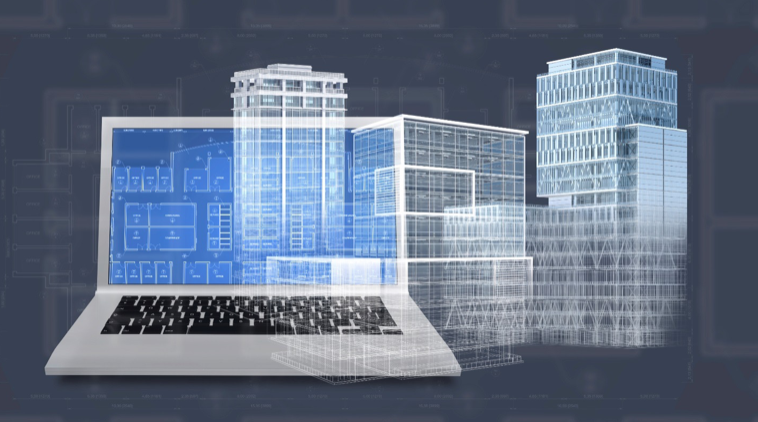 Office buildings project emerging from a computer CAD software for architectural design, showing constuction plans, blueprint and structure.