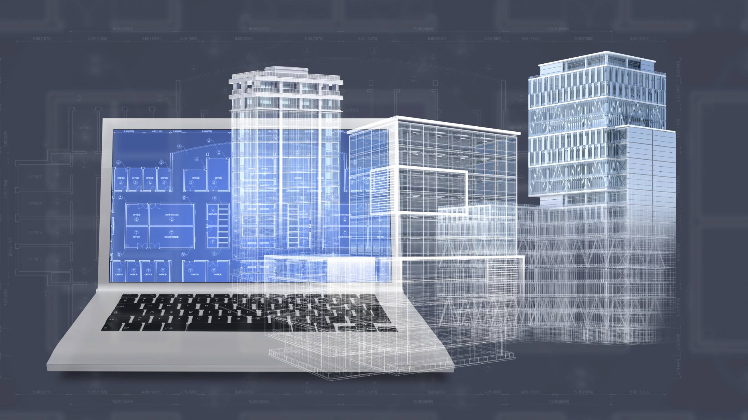 Office buildings project emerging from a computer CAD software for architectural design, showing construction plans, blueprint and structure.