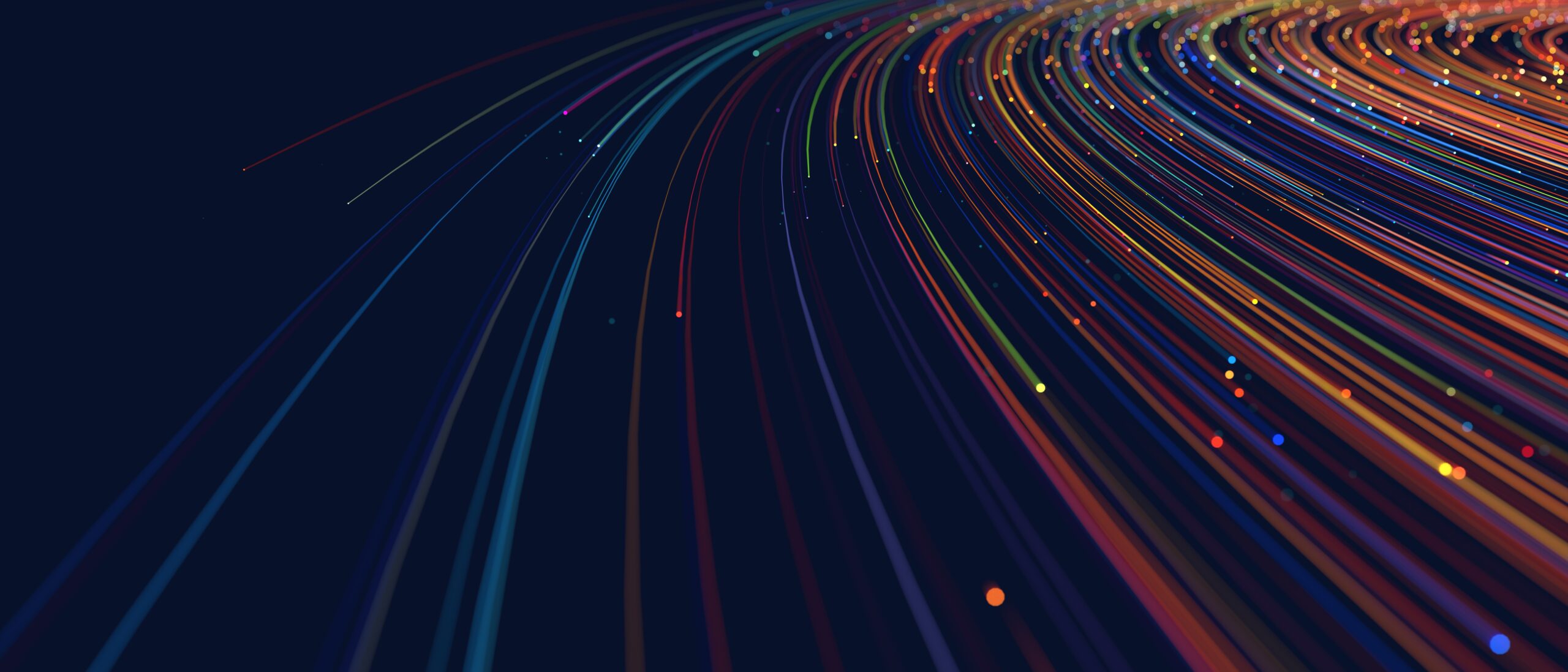 Abstract colorful circular lines on dark blue background, copy negative space, radial moving flow glow, optical art, 3d illustration