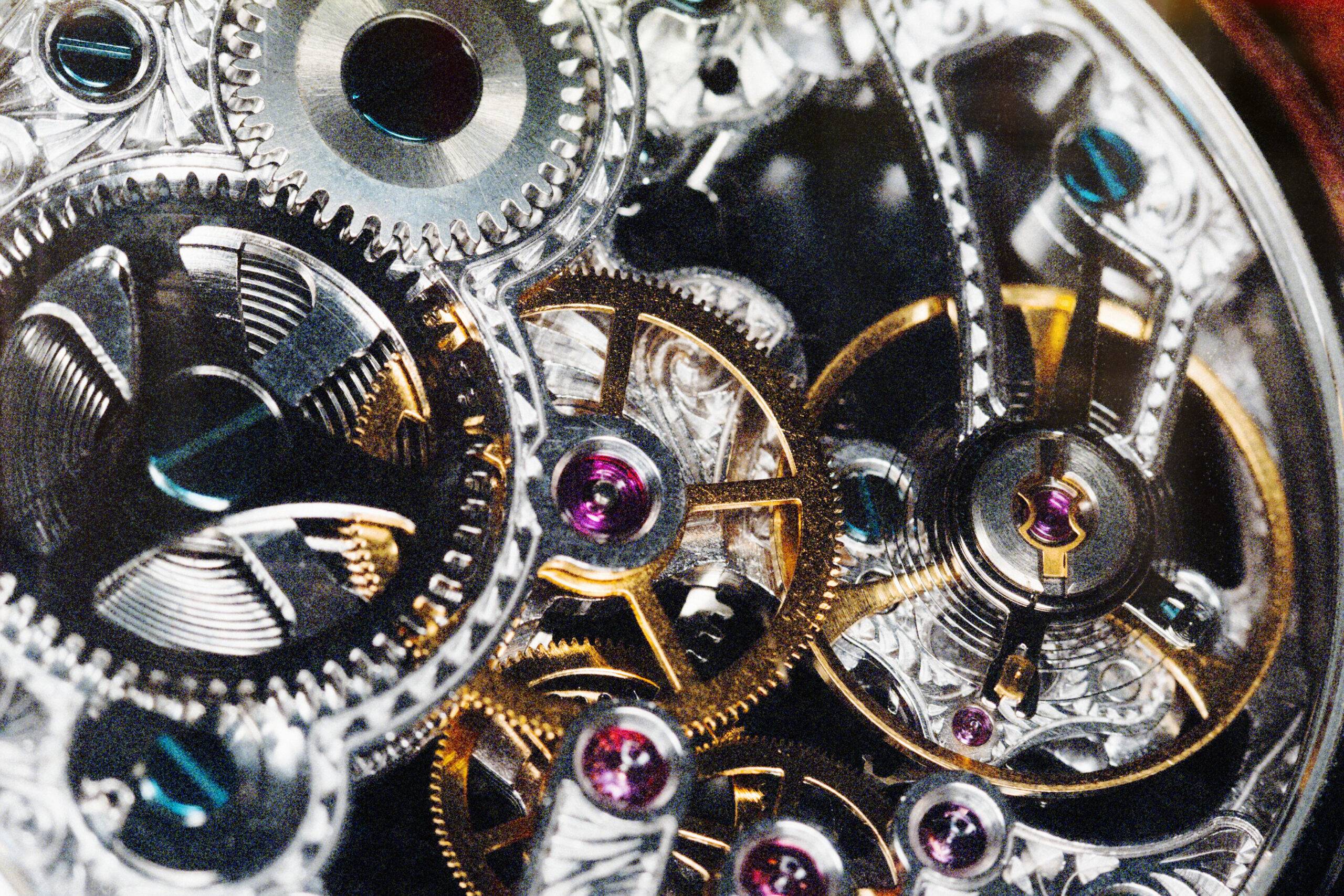 Internal workings of a generic Chinese-made skeleton wristwatch, the mechanism based on a 100-year-old Swiss design.