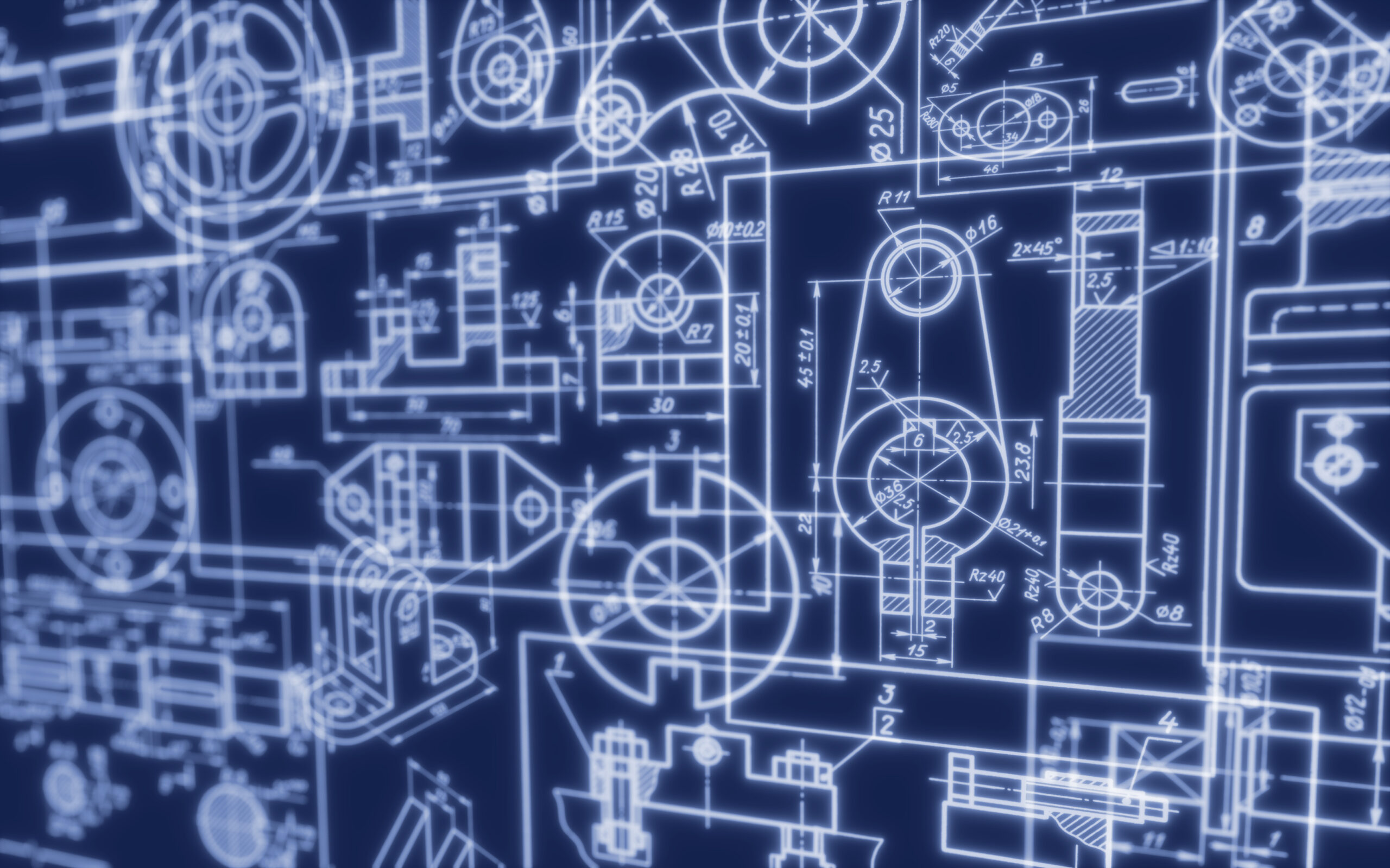 Technical drawings arranged in space.