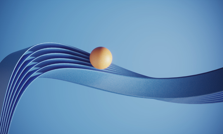Orange colored ball standing on blue wavy ribbons on blue background