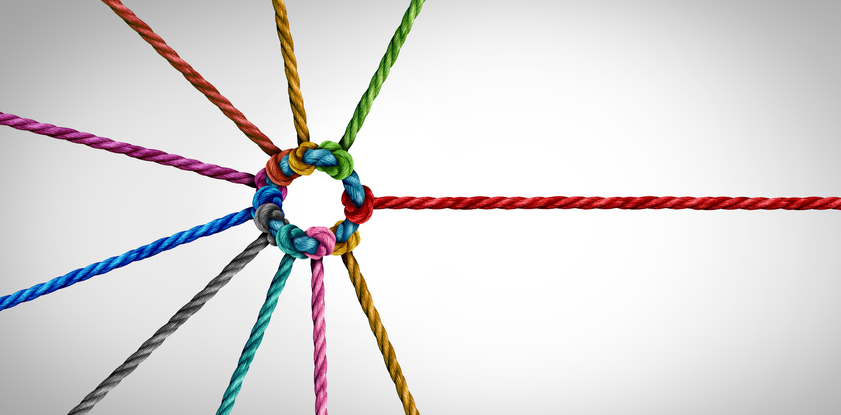 ropes connected together as a corporate network symbol for cooperation and working collaboration.