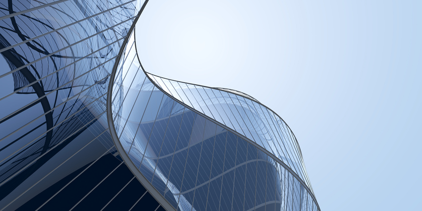 Low angle view of futuristic architecture, Skyscraper office building with cloud reflected on window, 3D rendering.