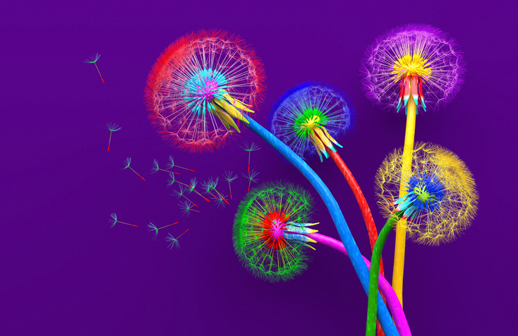 Bouquet of five flowers of blossoming dandelions of unusual colorful colors. Bright multi-colored abstract dandelions on a purple background. Creative conceptual illustration. opy space. 3D render.
