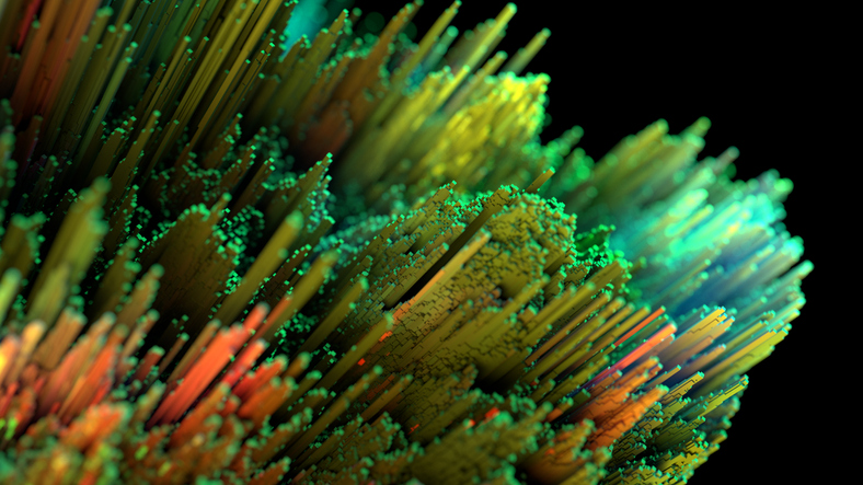 Abstract data background with growing fiber optic lines in green and yellow