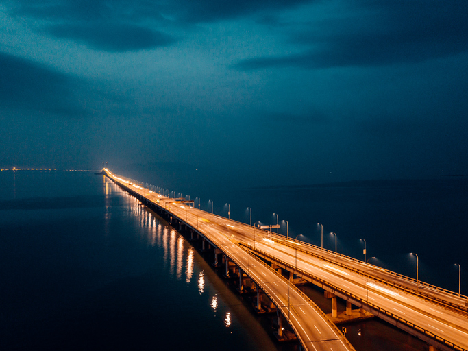 Aerial view of roadway and bridges in Penang, Malaysia