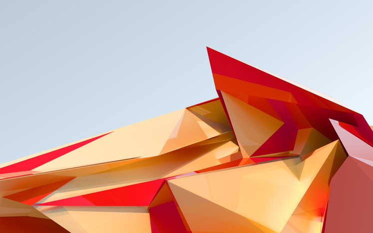 Abstract architecture background with triangular metal surfaces intersecting each other, creating shiny geometric reflections. Modern, dynamic architecture details with striking design. Warm summer light against a bright sky. Red and yellow paint, with copy space.