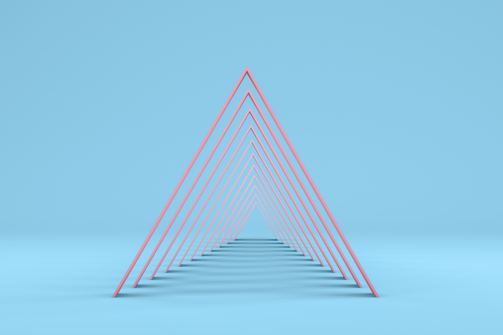 3D rendering of Abstract Minimal Triangle Tunnel Background, Geometric Shapes, Blue and pink colors.